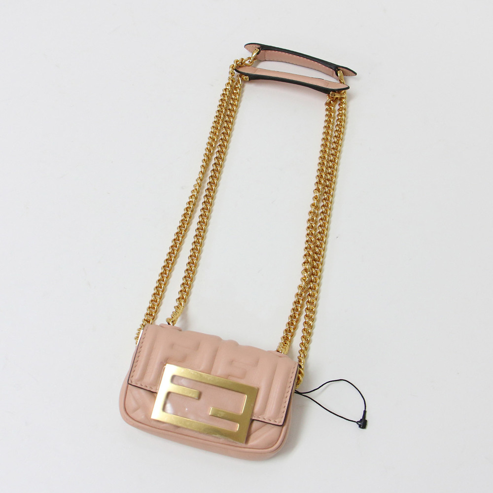 FENDI Bag Shoulder 2WAY Pink Gold Mini Flap FF Pattern Embossed Leather Nano ... - Picture 7 of 8